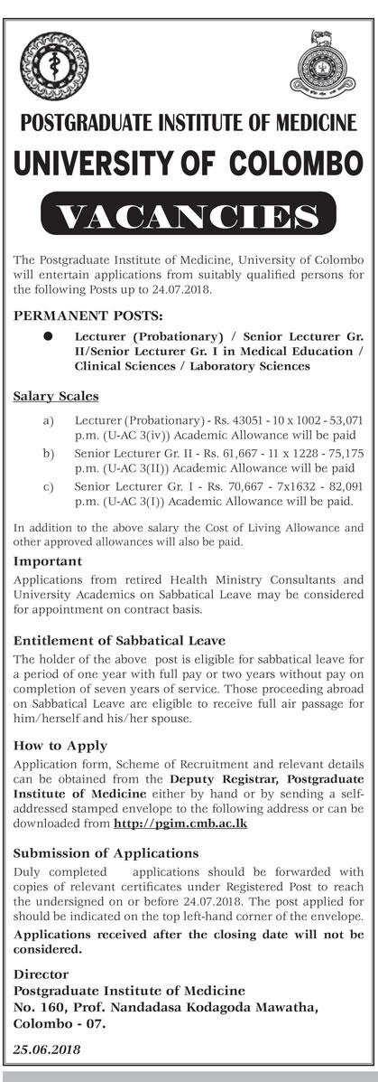 Lecturer, Senior Lecturer - University of Colombo